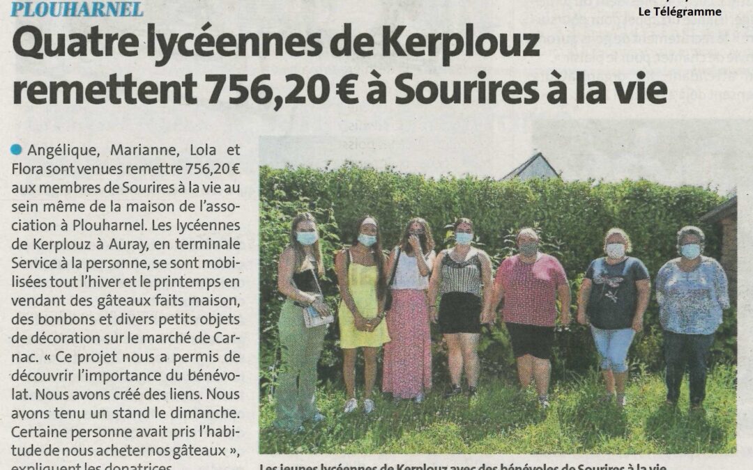 Plouharnel : Quatre lycéennes de Kerplouz remettent 756,20 euros à Sourires à la vie (1 article Le Télégramme + 1 article Ouest-France)